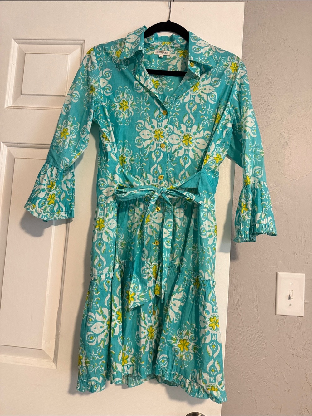 Turquoise Floral Midi Shirt Dress with Tie Belt